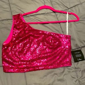LULU’s Hot Pink Sequin One Shoulder Crop Top